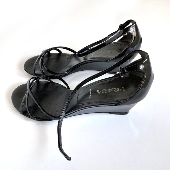 Prada Patent Leather Wedged Sandals Black Size 9.5 Vintage - Picture 10 of 15
